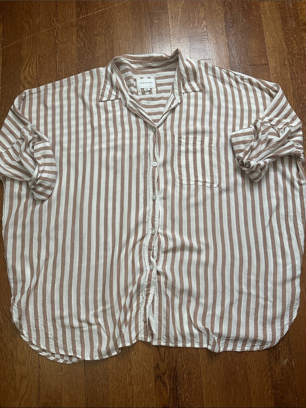 American Eagle Outfitters Beige and White Striped Button-Down Shirt